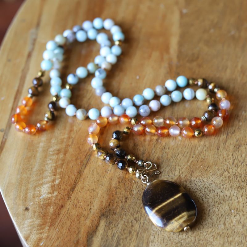 Amazonite and Carnelian Hand Knotted Mala Necklace *Final Sale*