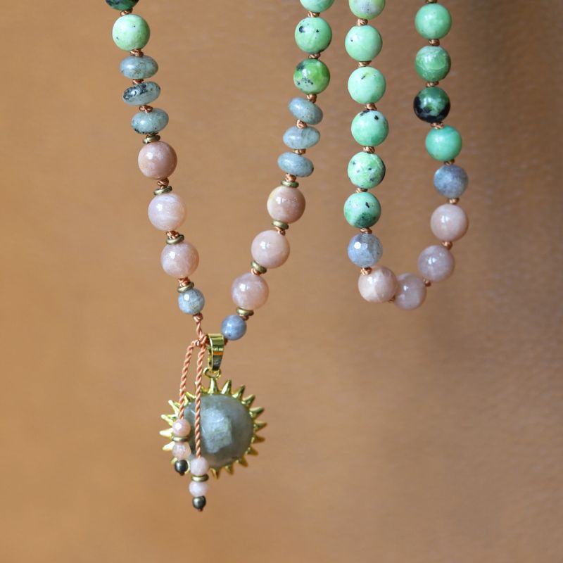Chrysoprase & Sunstone Hand Knotted Mala Necklace *Final Sale*