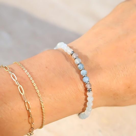 Aquamarine and Moonstone Delicate Bracelet on wrist
