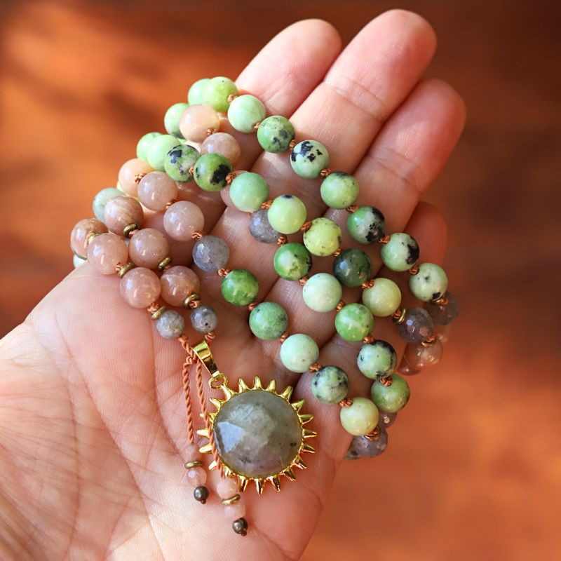 Chrysoprase & Sunstone Hand Knotted Mala Necklace *Final Sale*