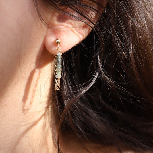 Woman wearing Moss Aquamarine Luxury Earrings