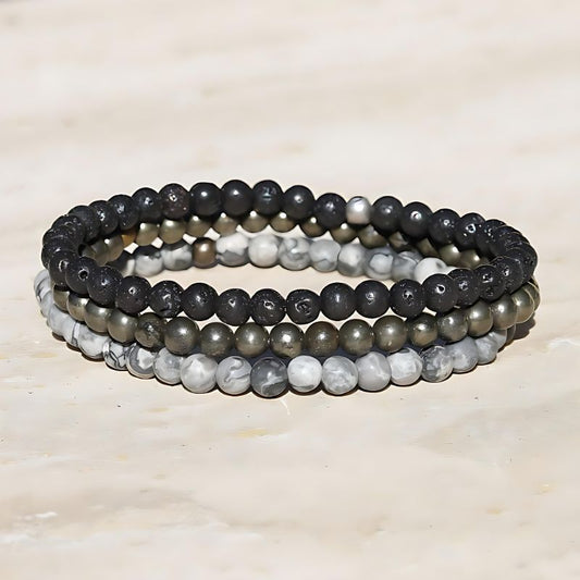 pyrite lava and jasper bracelet stack