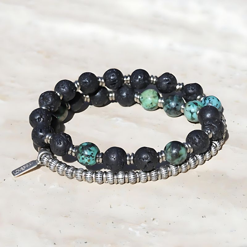 Lava Rock and African Turquoise Men's Wrap Bracelet, Throat Chakra Bra