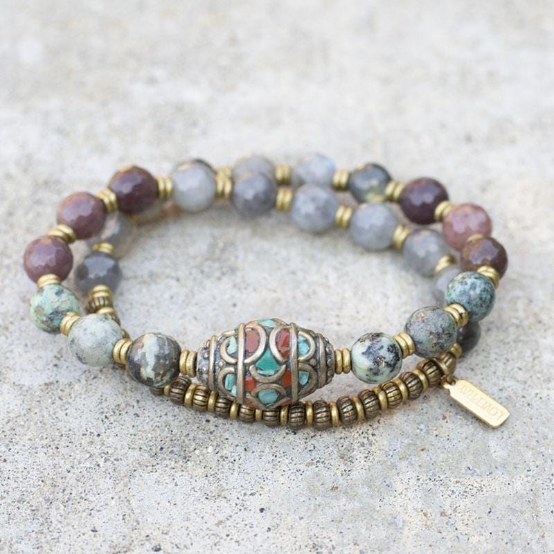 African turquoise and labradorite Tibetan mala bracelet