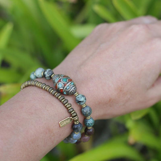 African turquoise and labradorite Tibetan mala bracelet