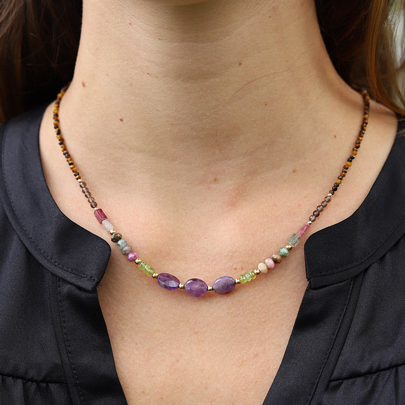 Tourmaline Amethyst and Tiger's Eye Luxury Necklace