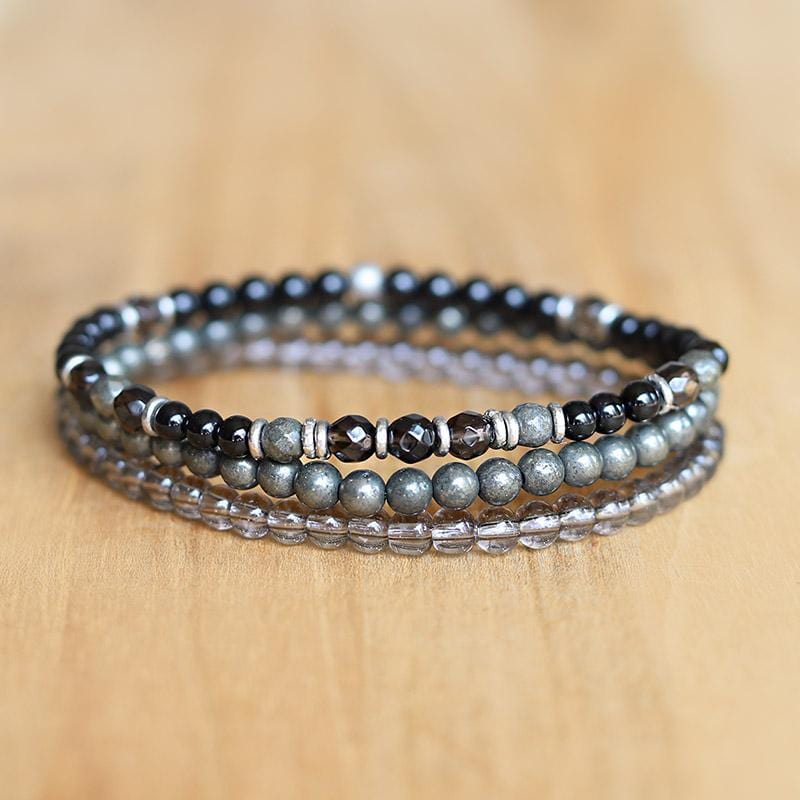 Dainty Black Tourmaline and Smoky Quartz Bracelet Set