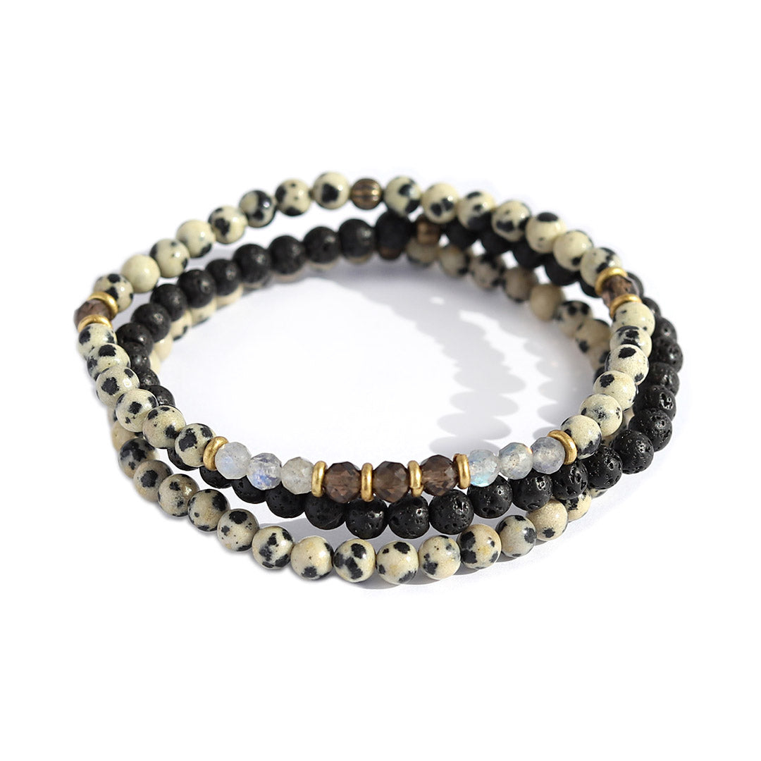 Dalmatian Jasper, Smoky Quartz and Labradorite Delicate Beaded Bracelet set