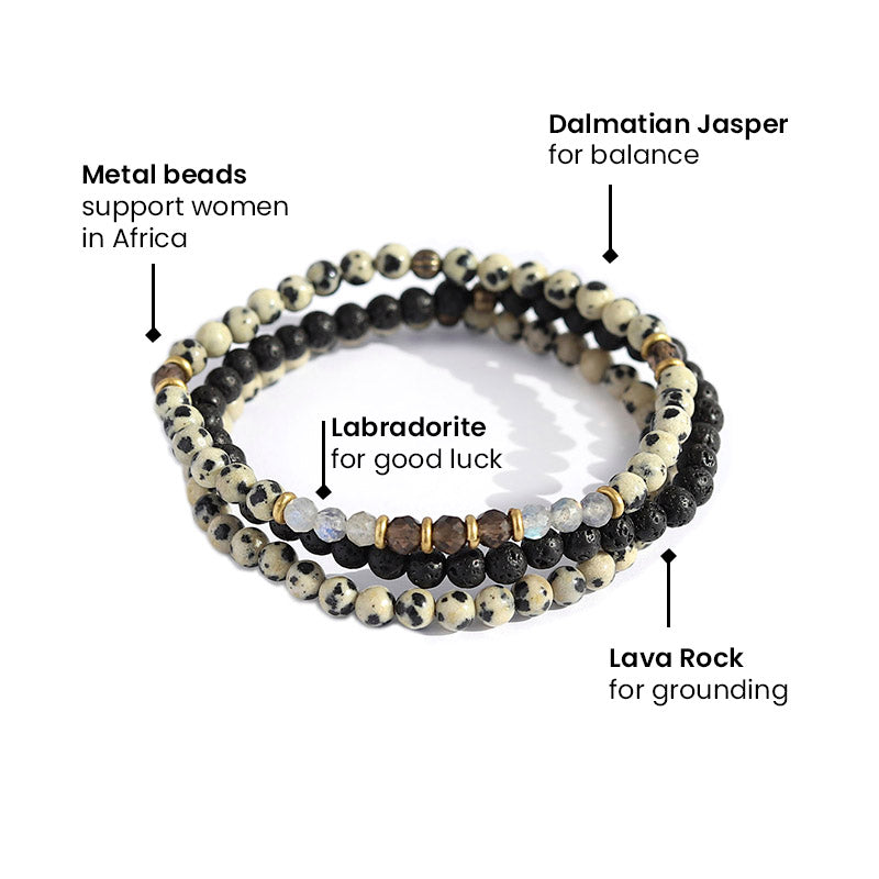 Genuine delicate Dalmatian Jasper and Smoky Quartz bracelet set