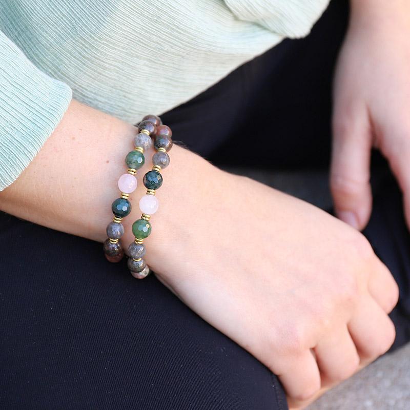 Kashgar Garnet Moss Agate and Rose Quartz Mala Bracelet