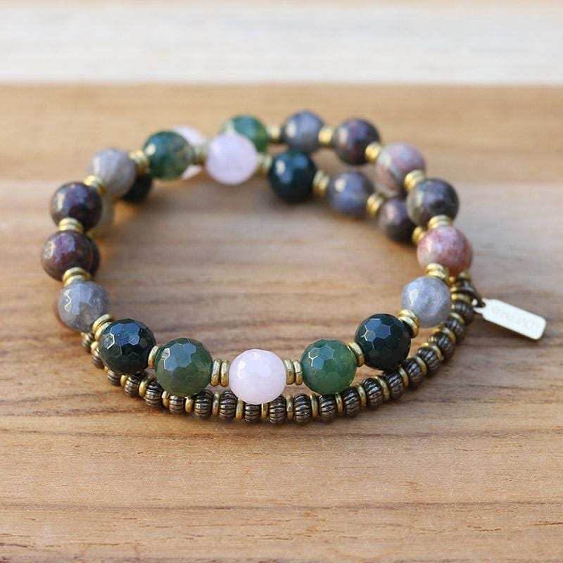 Kashgar Garnet Moss Agate and Rose Quartz Mala Bracelet