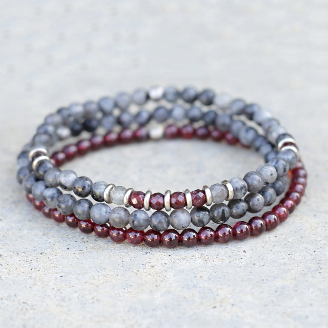 "Grounding and Creativity" Larvikite and Garnet Delicate Bracelet Stack