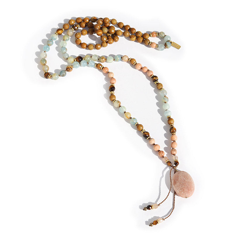 Lemurian Aquatine, Tiger's Eye, and Moonstone Mala Necklace