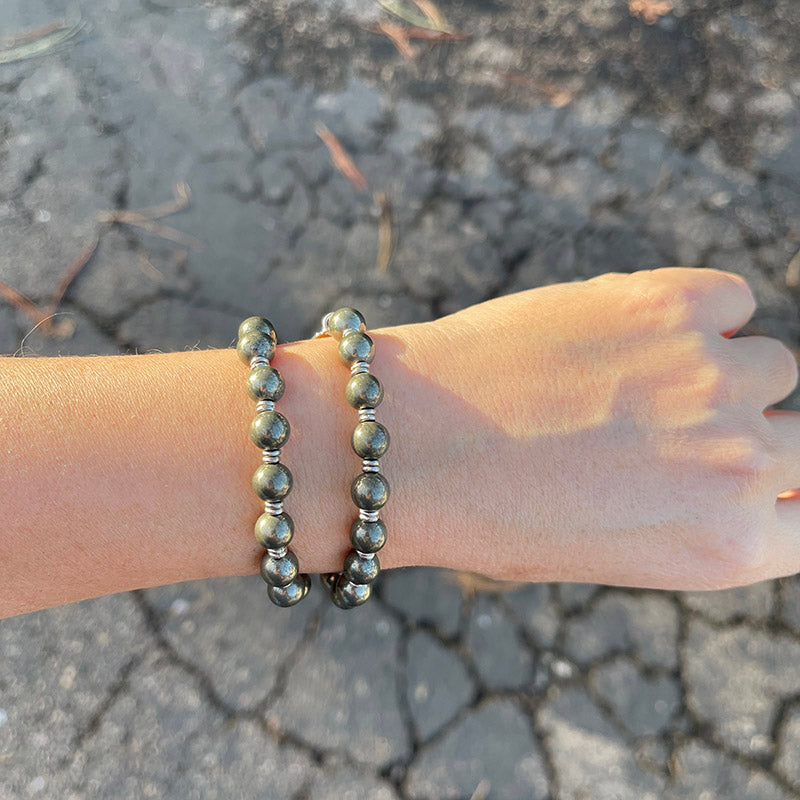 Model Wearing Pyrite Wrist Mala Bracelet