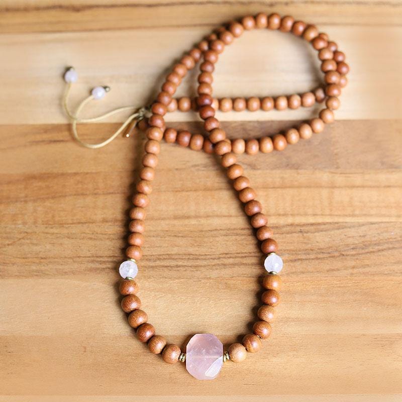 Sandalwood and Rose Quartz Mala Necklace