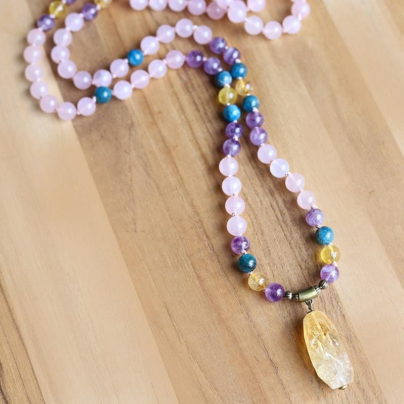 "Summer Energy" Rose Quartz Amethyst and Apatite Hand Knotted Mala Necklace