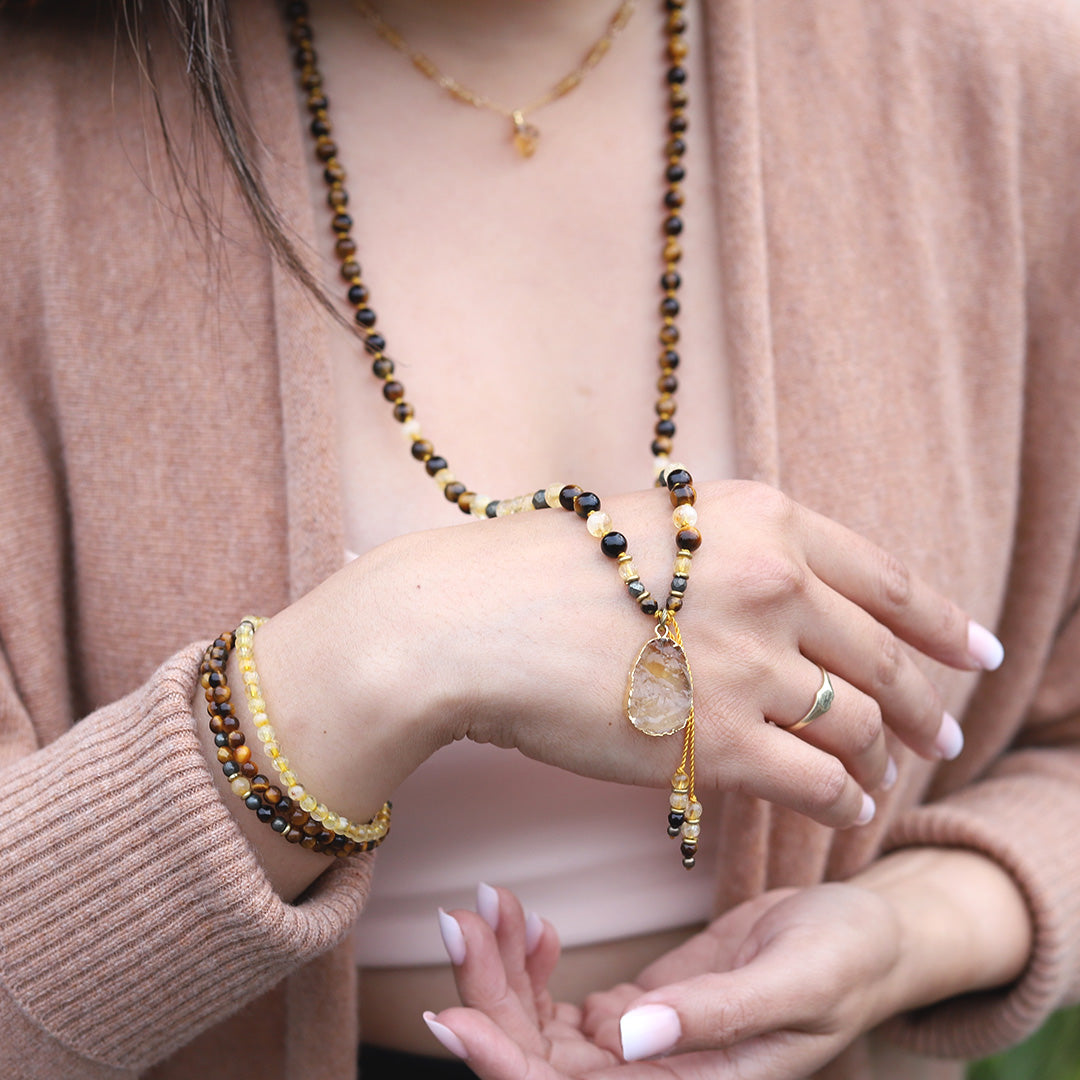 Tiger's Eye and Citrine Hand Knotted Mala Necklace