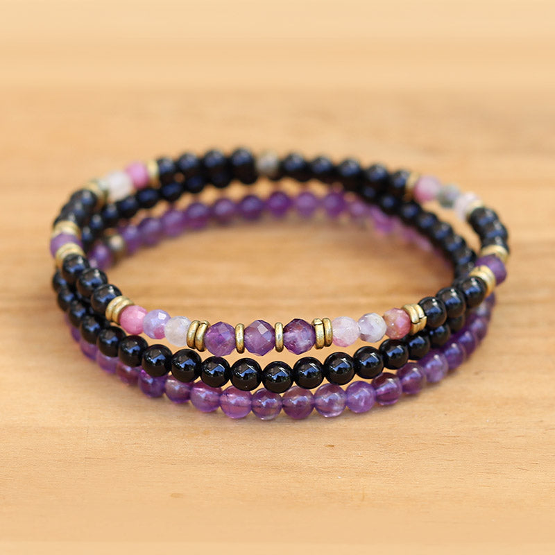 "Protection and Good Energy" Watermelon and Black Tourmaline Delicate Bracelet Set