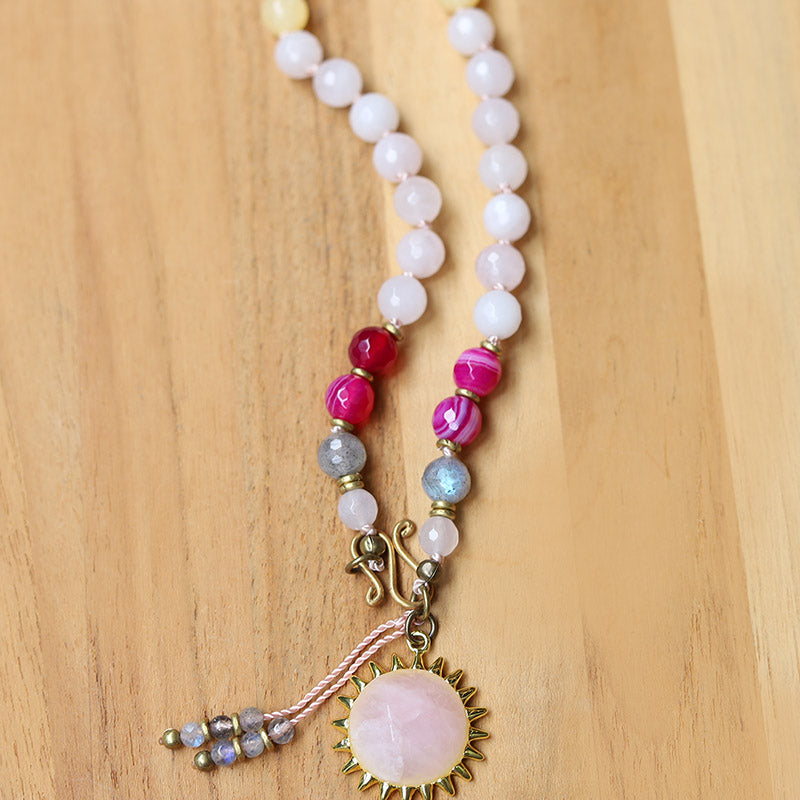 Yellow Chalcedony and Rose Quartz Mala Necklace