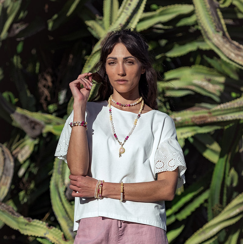 Yellow Chalcedony and Rose Quartz Mala Necklace
