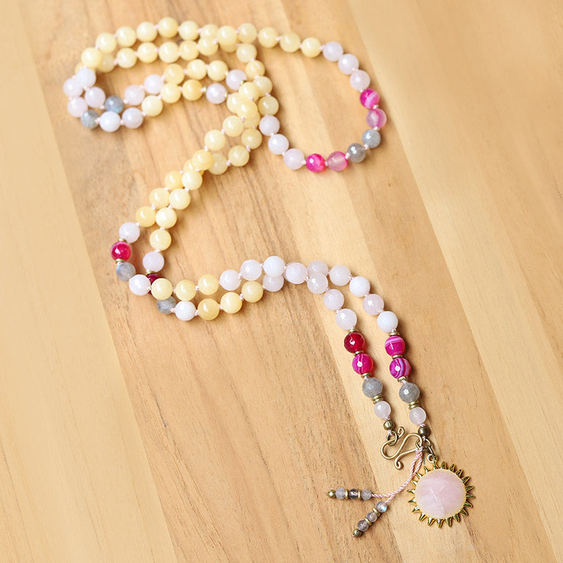 Yellow Chalcedony and Rose Quartz Mala Necklace