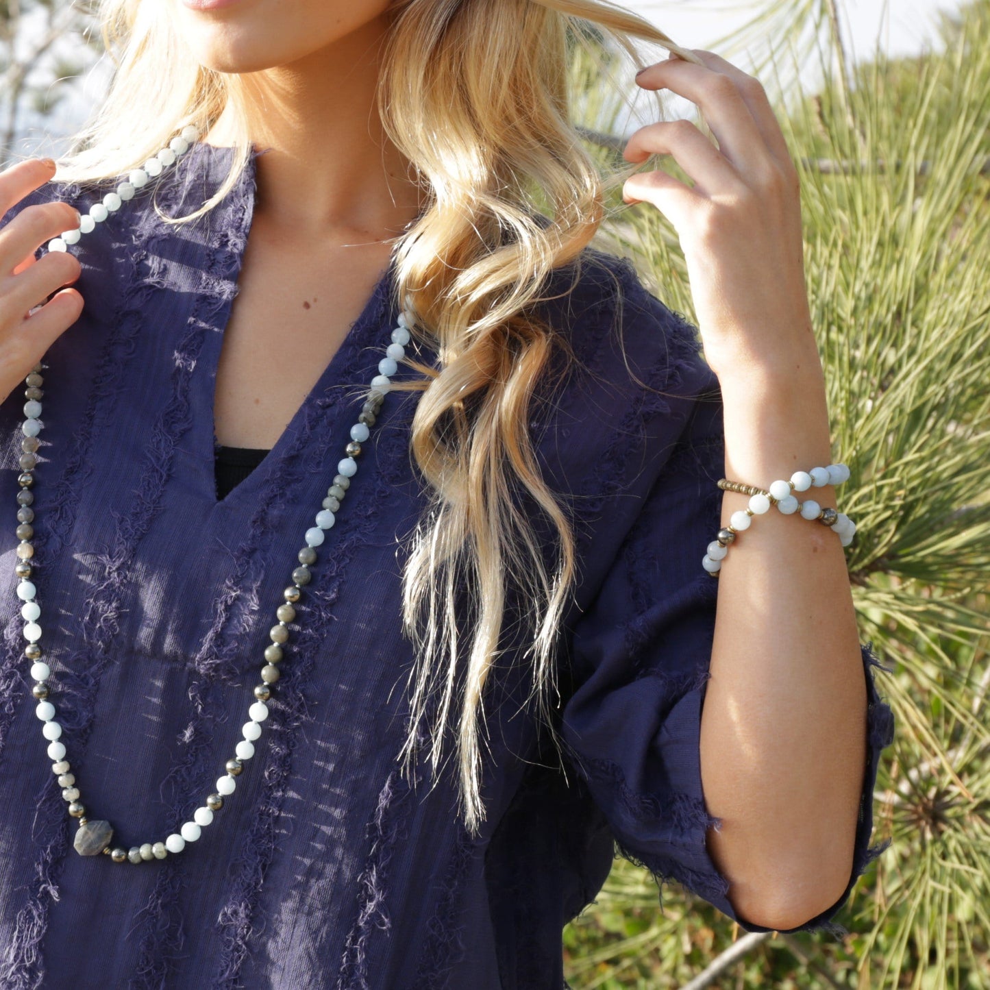 Bracelets - Aquamarine And Pyrite Mala Bracelet For Communication And Confidence