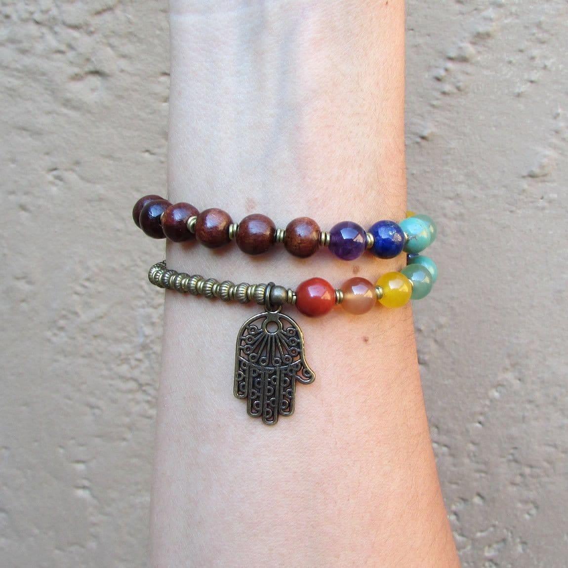 Bracelets - Chakra Bracelet, Genuine Gemstones And Wood 27 Bead Mala Wrap Chakra Bracelet