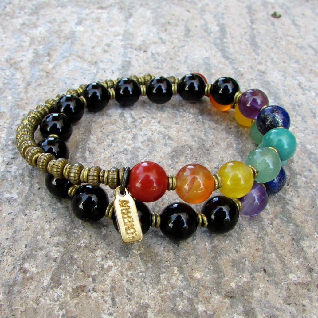 Onyx And Chakra Gemstones 27 Bead Wrap Mala Bracelet