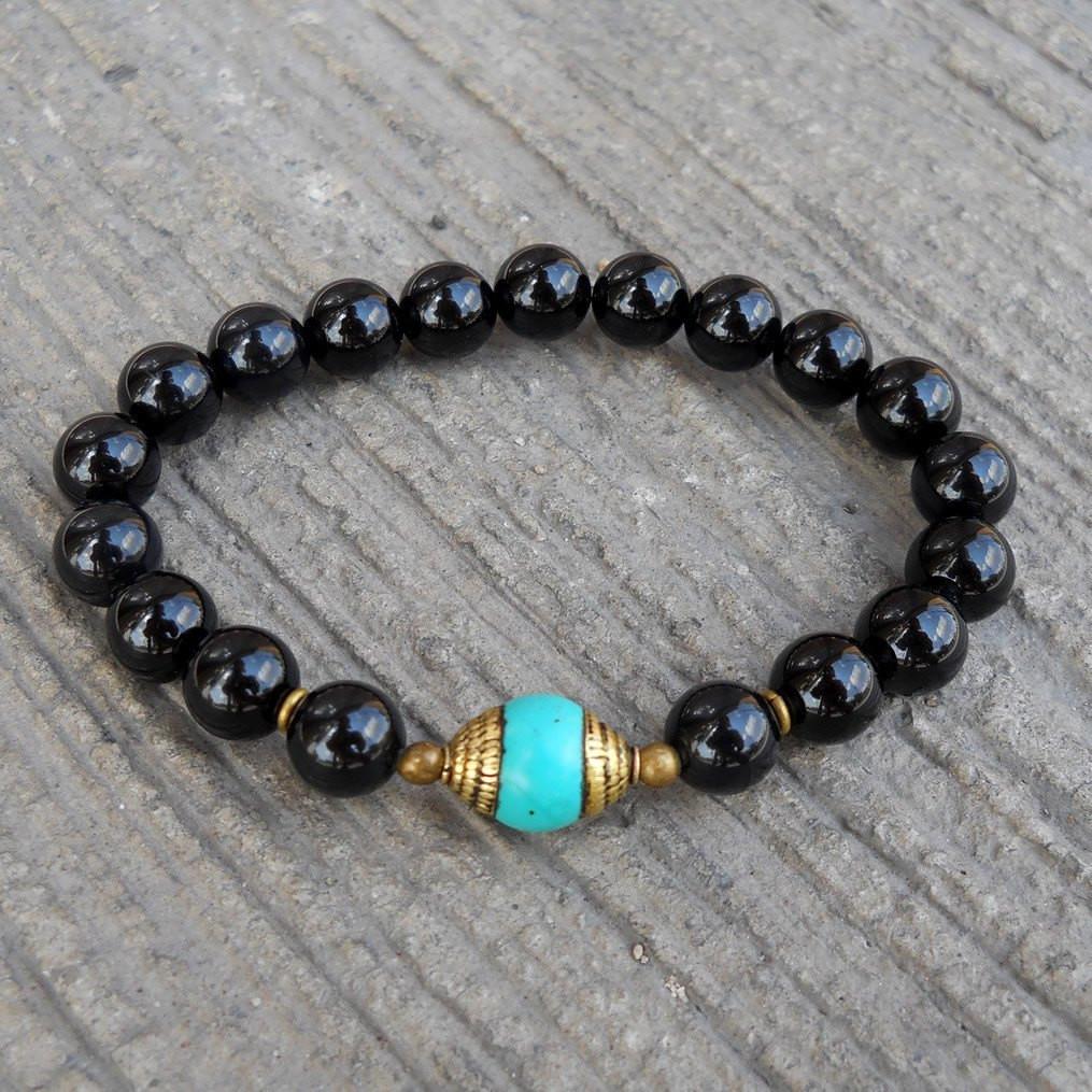 Bracelets - Communication And Patience, Genuine Onyx And Tibetan Capped Turquoise Guru Bead Mala Bracelet