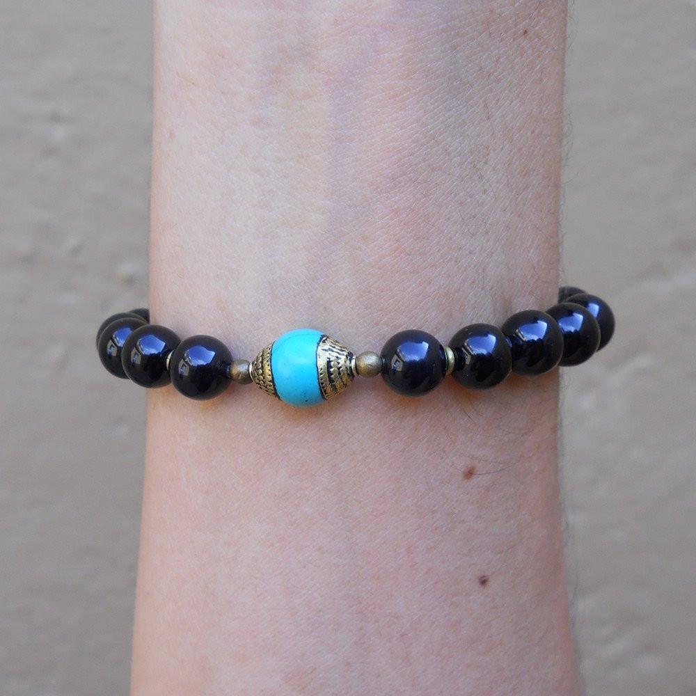 Bracelets - Communication And Patience, Genuine Onyx And Tibetan Capped Turquoise Guru Bead Mala Bracelet