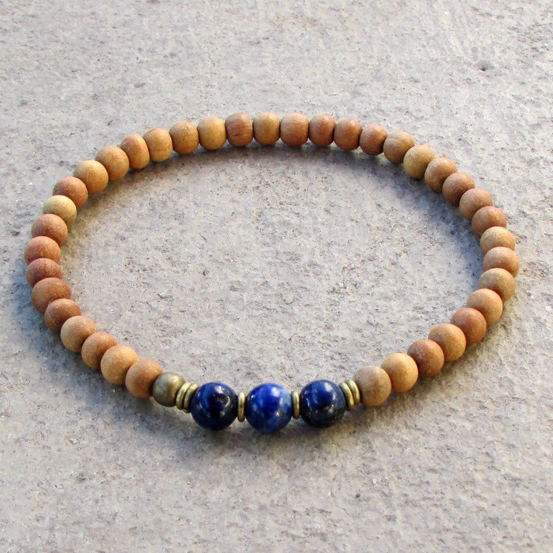 Bracelets - Compassion - Sixth Chakra, Sandalwood And  Genuine Lapis Lazuli Gemstone Mala Bracelet