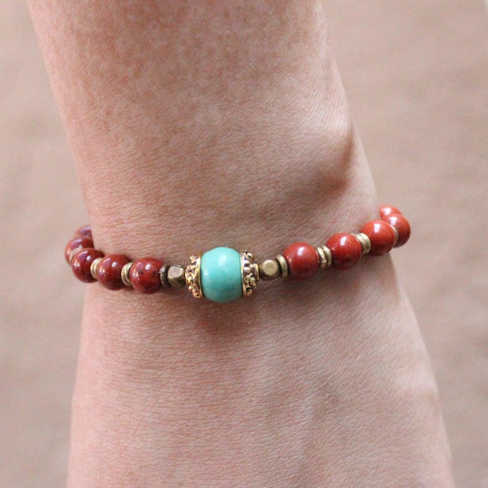 Bracelets - Genuine Red Jasper And Turquoise Gemstone Mala Bracelet
