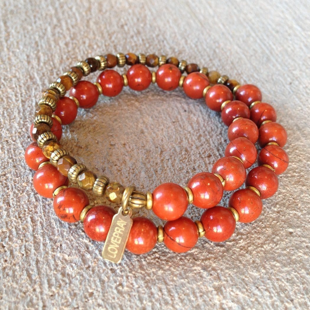 Bracelets - Grounding And Prosperity, Red Jasper And Faceted Tiger's Eye 27 Bead Wrap Mala Bracelet