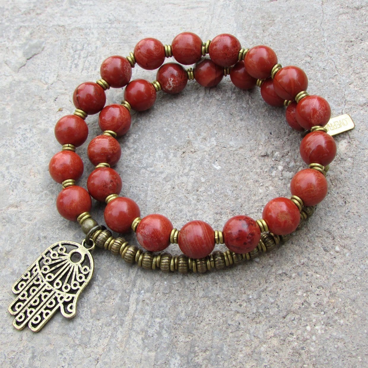 Bracelets - Grounding, Root Chakra, Genuine Red Jasper 27 Bead Mala Bracelet With Hamsa Hand