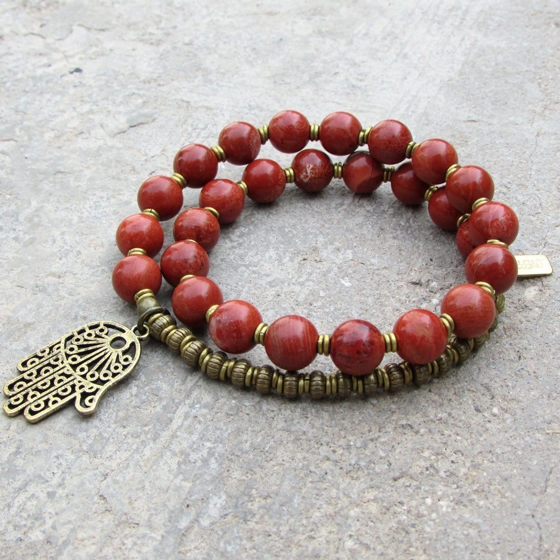 Bracelets - Grounding, Root Chakra, Genuine Red Jasper 27 Bead Mala Bracelet With Hamsa Hand