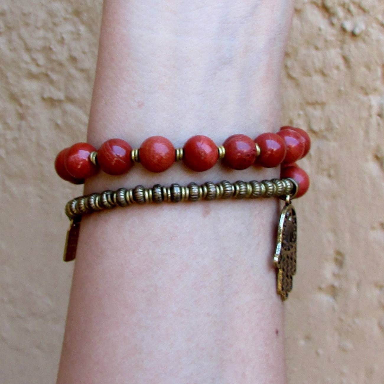 Bracelets - Grounding, Root Chakra, Genuine Red Jasper 27 Bead Mala Bracelet With Hamsa Hand