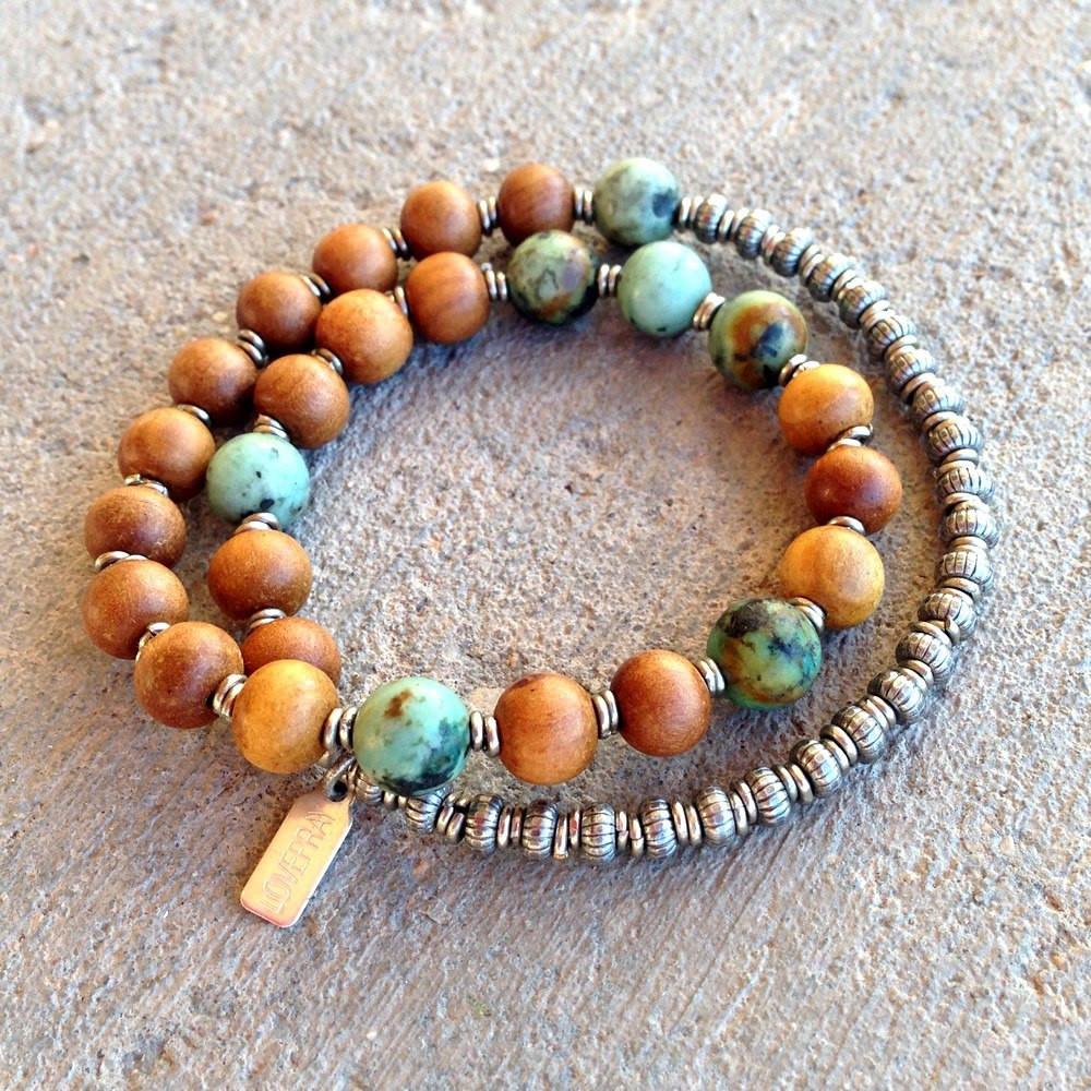 Bracelets - Healing And Change, Sandalwood And African Turquoise 27 Beads Unisex Mala Bracelet