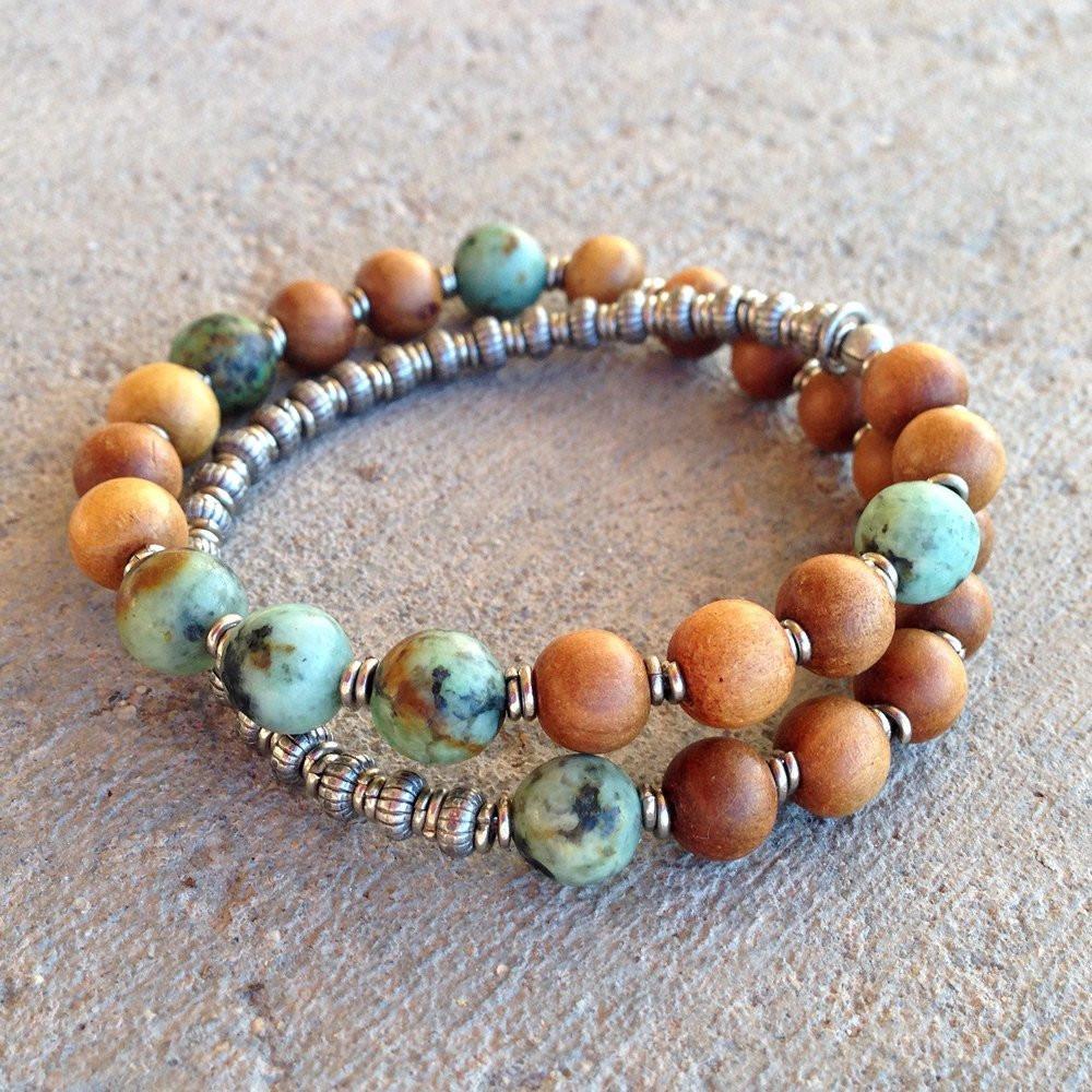 Bracelets - Healing And Change, Sandalwood And African Turquoise 27 Beads Unisex Mala Bracelet