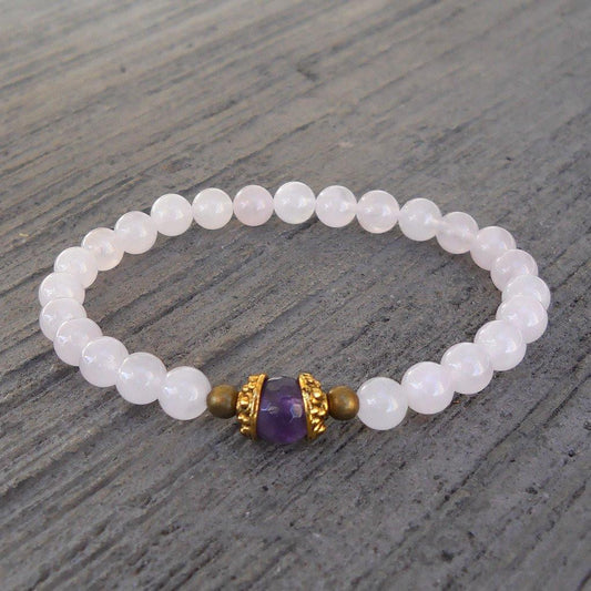 Bracelets - Healing, Genuine Rose Quartz And Amethyst Guru Bead Bracelet