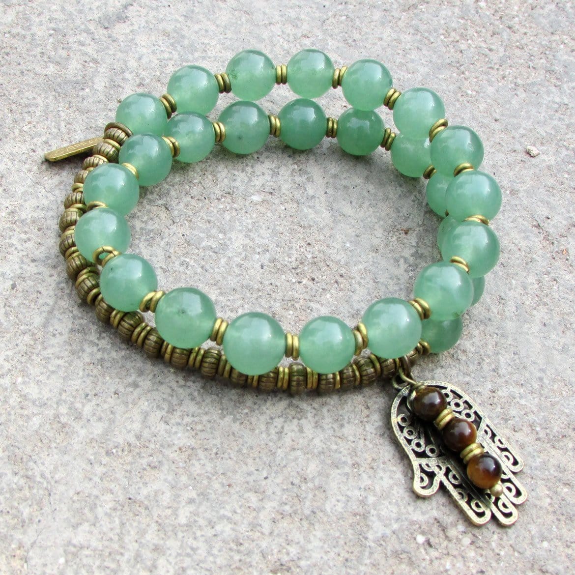 Bracelets - Heart Chakra, Green Aventurine 27 Bead Wrap Mala Bracelet With Hamsa Hand