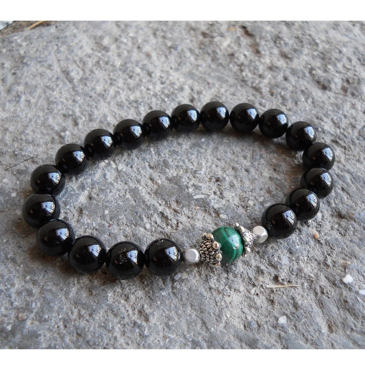 Bracelets - Intuition And Patience, Genuine Malachite And Onyx Mala Bracelet