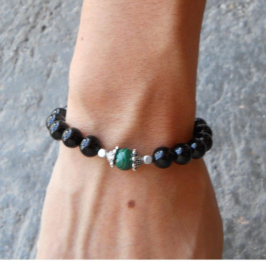 Bracelets - Intuition And Patience, Genuine Malachite And Onyx Mala Bracelet