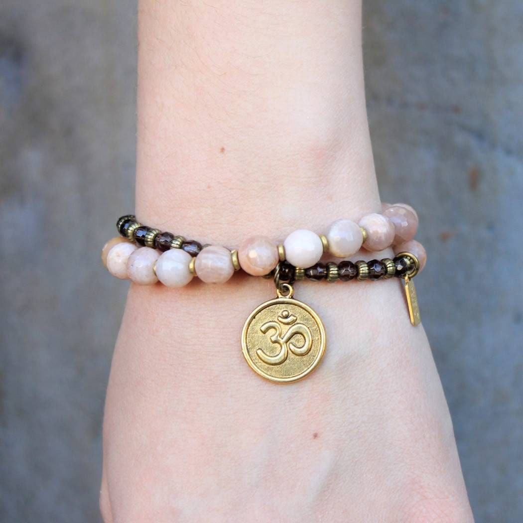 Bracelets - Joy and Positivity, Genuine Faceted Sunstone and Smoky Quartz 27 Bead Wrap Mala Bracelet