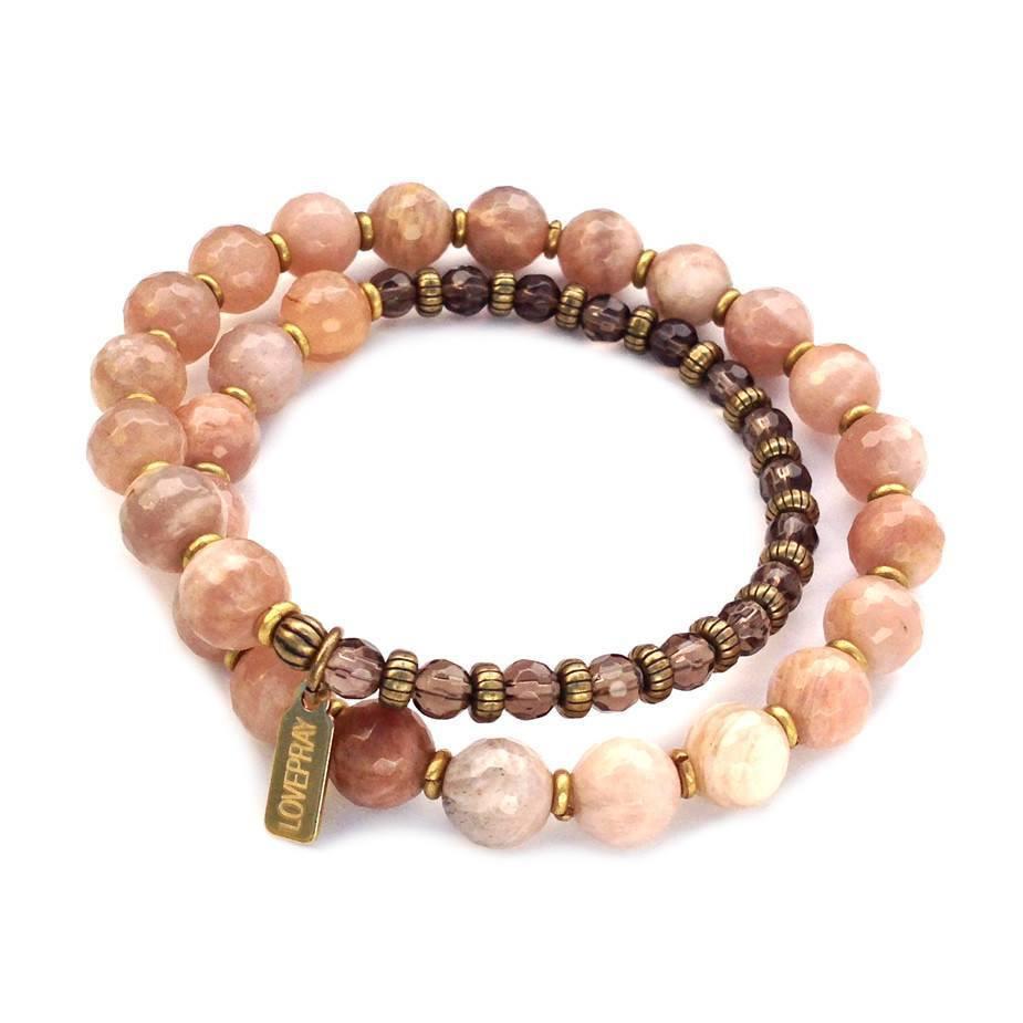 Bracelets - Joy And Positivity, Genuine Faceted Sunstone And Smoky Quartz 27 Bead Wrap Mala Bracelet