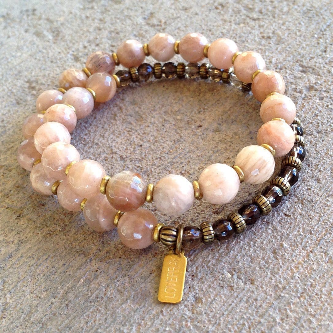 Bracelets - Joy And Positivity, Genuine Faceted Sunstone And Smoky Quartz 27 Bead Wrap Mala Bracelet