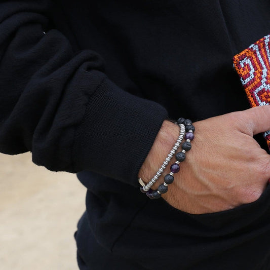 Bracelets - Lava Rock And Amethyst Men's Wrap Bracelet, Crown Chakra Bracelet