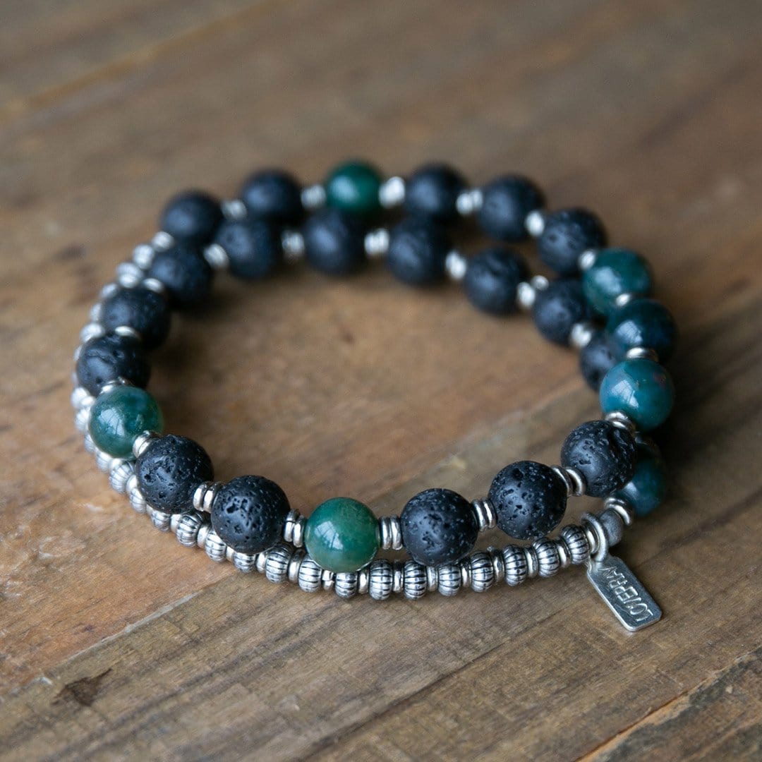 Bracelets - Lava Rock And Moss Agate Men's Wrap Bracelet, Heart Chakra Bracelet