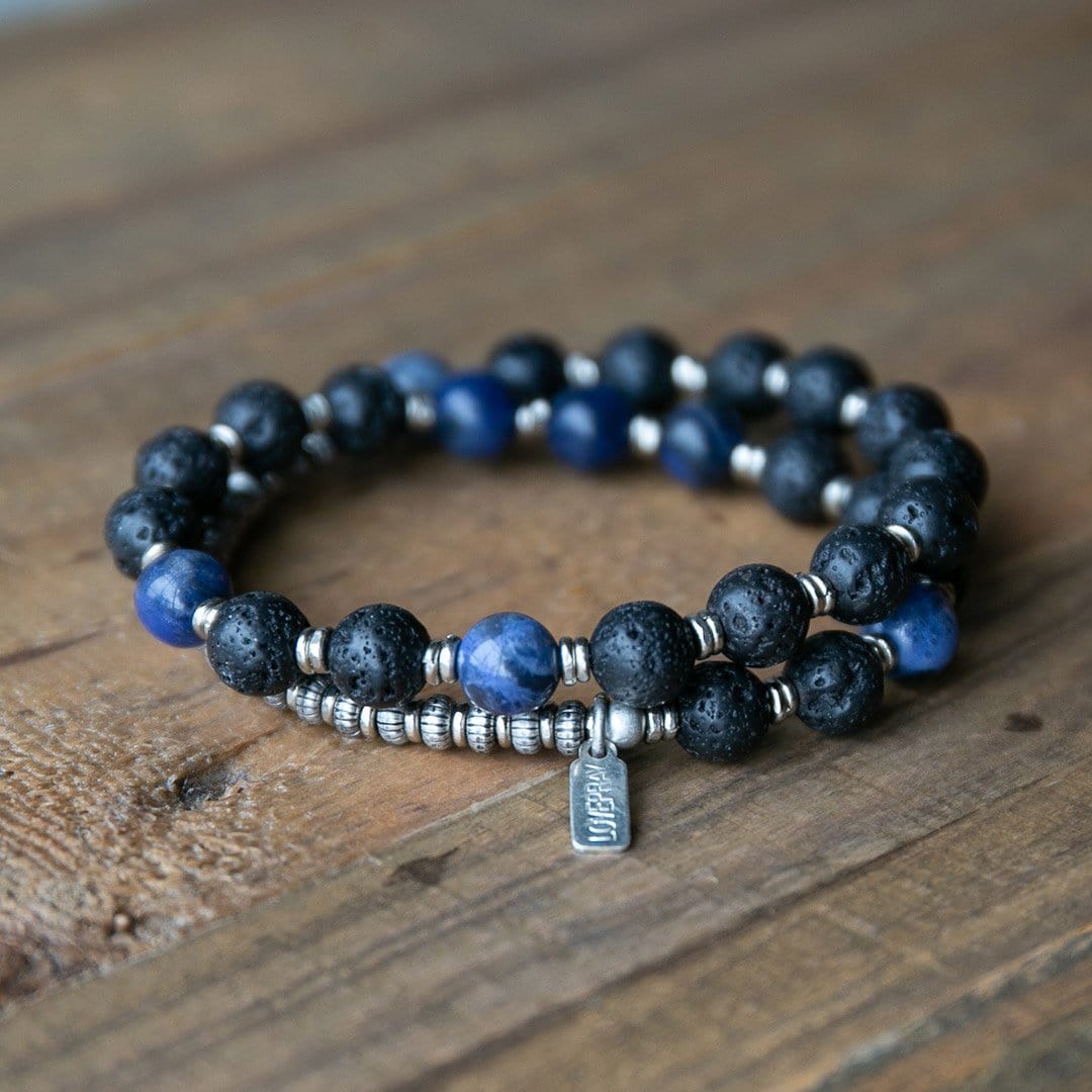 Bracelets - Lava Rock And Sodalite Men's Wrap Bracelet, Third Eye Chakra Bracelet