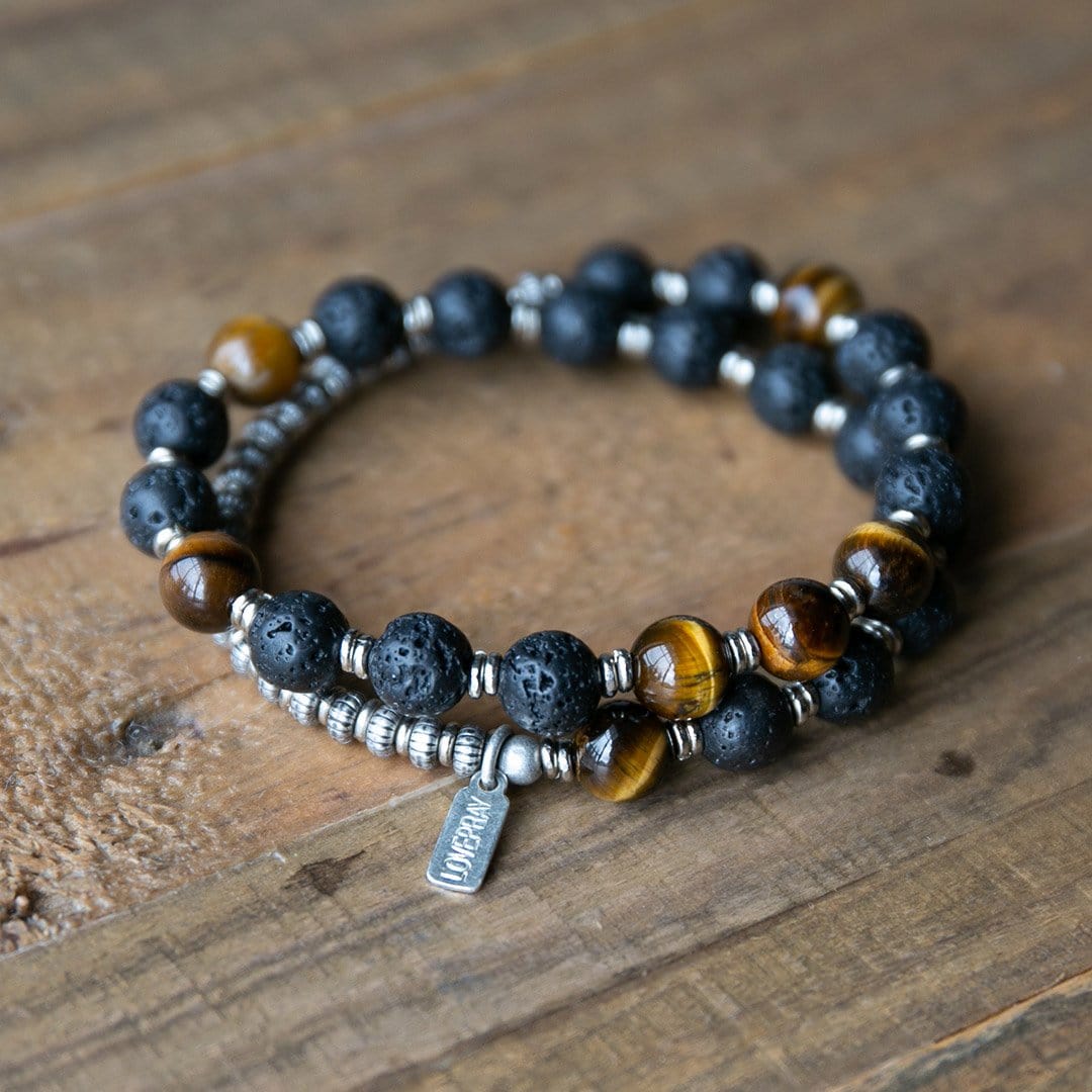 Bracelets - Lava Rock And Tiger's Eye Men's Wrap Bracelet, Solar Plexus Chakra Bracelet