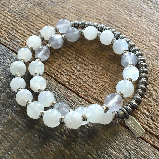 Bracelets - Love And Abundance, Moonstone And Cloudy Quartz 27 Bead Wrist Mala Bracelet